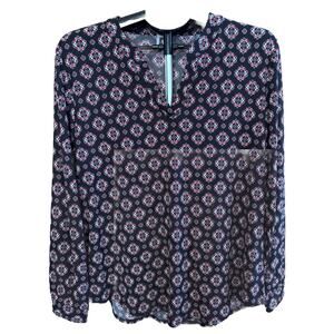 Anne Klein Geometric Pullover V- Neck Black/ Multi Color Stretchy Size L Blouse